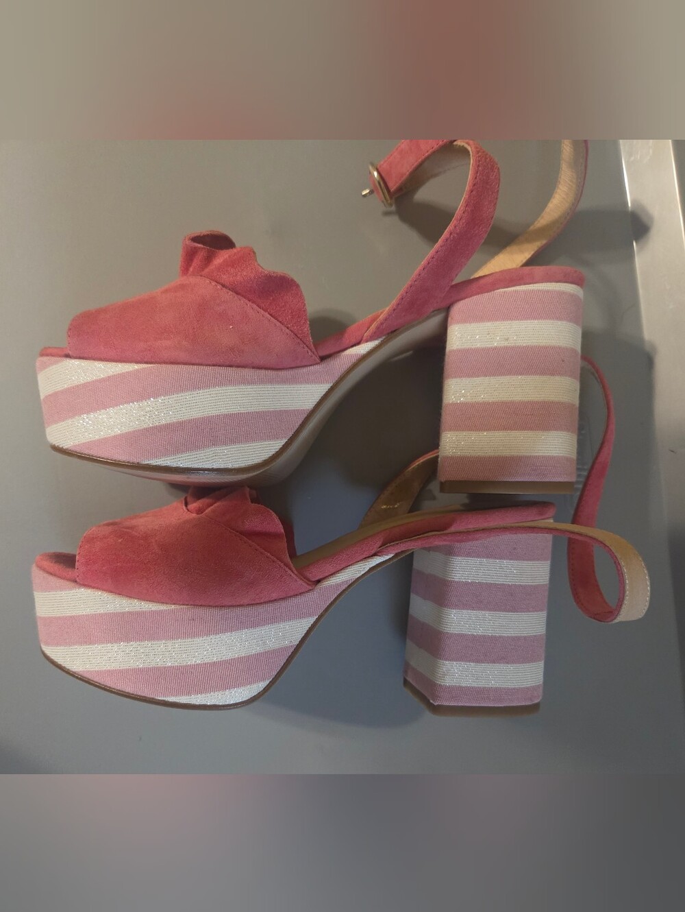 Anthropologie Suede Pink Striped Platform Block Heel Sandals,Euc Size 7